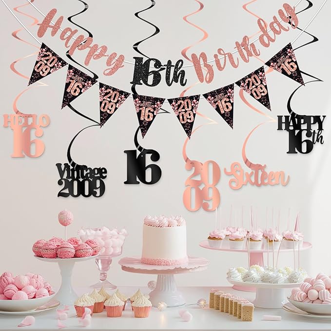 16th Birthday Decorations for Girls, Black Rose Gold Happy 16th Birthday Banner Vintage 2009 Hello 16 Decorations Kit Hanging Swirls Sixteen Year old Bday Party Supplies