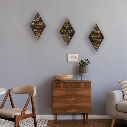ONIZHITY 3 Pcs Brown Gold Bathroom Decor Brown Wall Decor with Accept Let Go Have Faith Quote Rustic Vintage Farmhouse Wooden Hanging Signs for Home Living Room Bedroom Office(12x7 Inches)