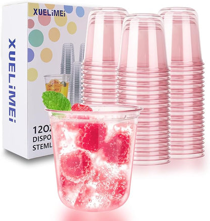 50pcs 12oz Disposable Stemless Glasses,PET Disposable Drinking Cups,Cold Party Clear Plastic Wine Glasses for Parties Birthday,Wedding,Meeting,Christmas Party Supplies. (Pink)