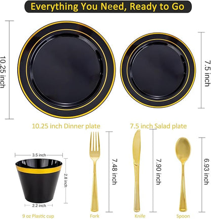 WELLIFE 210PCS Black and Gold Plastic Plates - Plastic Dinnerware Set for 30 Guests,Include 30 Dinner Plates, 30 Dessert Plates, 30 Black Cups 9 OZ, 30 Pre Rolled Napkins with Gold Silverware