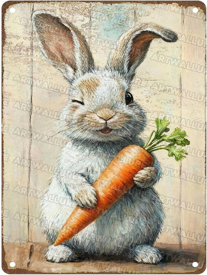 Charming Easter Bunny Metal Sign Vintage Bunny Carrots Rustic Farmhouse Wall Art For Spring Home Decor Living Room Bedroom Kitchen 12x16Inch
