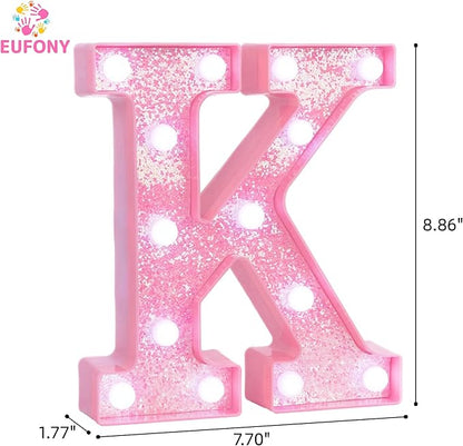 Pink LED Marquee Light Up Letters, Glitter Alphabet Letter Lights for Birthday Party Decorations, Battery Operated Letter Signs for Girls Room Table Decor, Pink letter K with Cool White Lights