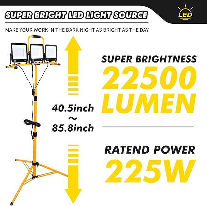 86In 22500 Lumen Work Lights with Stand, 3 Adjustable Head LED Light, 38.2''- 75.2'' & Foldable Tripod Waterproof Lamp Individual Switch 7500 Kelvin Color Temperature