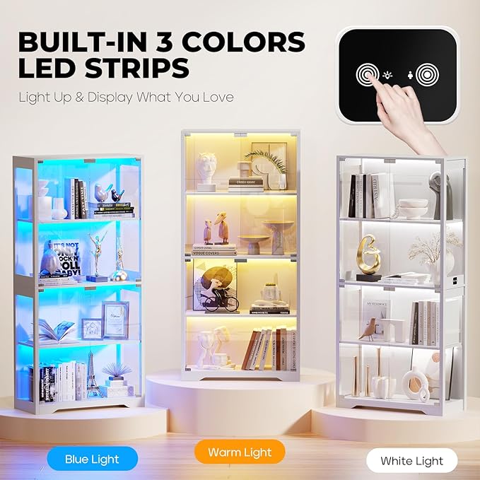 Display Cabinet with Glass Doors, 4-Tier Curio Cabinet with 3 Color Lights for Collectibles, Glass Display Case with Human Body Sensor, Bookcase with 4 Shelves, Storage Cabinets, White