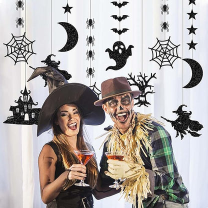 Halloween Black Creepy Vintage Party Decorations - 12Pcs Hanging Streamers Garland,Bat Witch Spider Swirl Ceiling Outdoor Indoor Wall Decor Party Props,Porch Room Scary Supplies Hugtmr