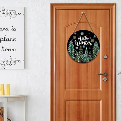 Hello Winter Welcome Sign for Front Door Winter Wreaths Winter Pine Trees Wood Door Hanger for Outdoor Outside Porch Christmas Snowflakes Round Hanging Sign for Home Porch Wall Decoration 12in