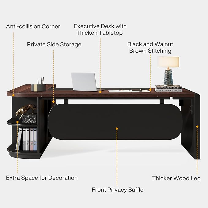 Tribesigns 80'' L-Shaped Desk Set of 4, Large Executive Office Desk with 55'' Drawers Cabinet, Modern Computer Table with Storage Shelves, Business Furniture for Office, Walnut & Black