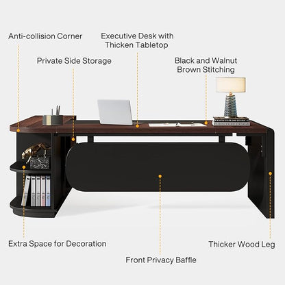 Tribesigns 80'' L-Shaped Desk Set of 4, Large Executive Office Desk with 55'' Drawers Cabinet, Modern Computer Table with Storage Shelves, Business Furniture for Office, Walnut & Black