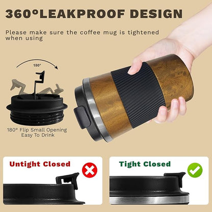 Vacuum Insulated Stainless Steel Travel Coffee Mug with Lid, Leak-Proof Reusable Thermal Cup Keeps Drinks Hot & Cold for Hours, Durable Portable Tumbler for Men & Women (3rd-Wood Grain, 12OZ)