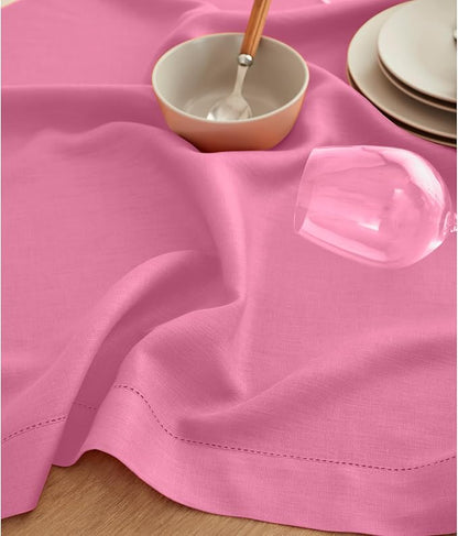 Solino Home Linen Flamingo Pink Table Runner 132 Inches Long - 100% Pure Linen Extra Long Table Runner 14 x 132 Inch - Classic Hemstitch