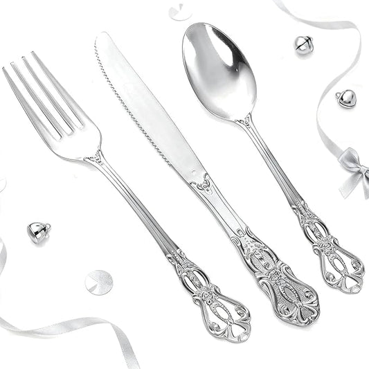 150PCS Silver Plastic Silverware - Heavy Duty Silver Disposable Cutlery - Fancy Plastic Utensils Flatware Include 50 Forks, 50 Spoons, 50 Knives for Catering, Parties, Dinners, Weddings