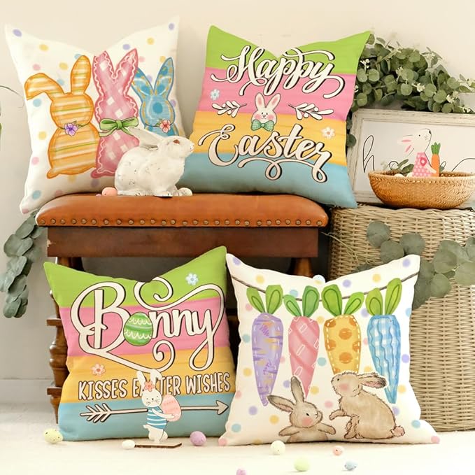 GEEORY Happy Easter Bunny Kisses Easter Wishes Throw Pillow Covers 18x18 Inch Set of 4, Stripes Spring Decorative Farmhouse Holiday Cushion Case for Home Decoration (Rainbow Carrots) G681-18