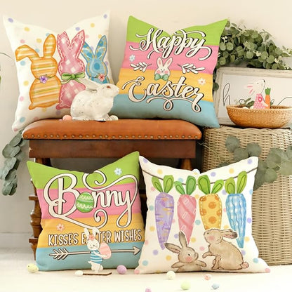 GEEORY Happy Easter Bunny Kisses Easter Wishes Throw Pillow Covers 18x18 Inch Set of 4, Stripes Spring Decorative Farmhouse Holiday Cushion Case for Home Decoration (Rainbow Carrots) G681-18