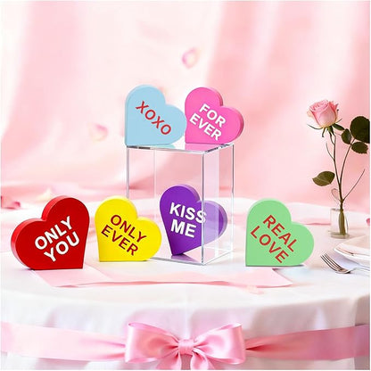 Valentines Day Wooden Heart Table Decor, 6PCS Double-Sided Conversation Heart Signs for Tiered Tray, Rustic Farmhouse Freestanding Wood Blocks, Valentine's Day Wedding Party Decorations and Gifts