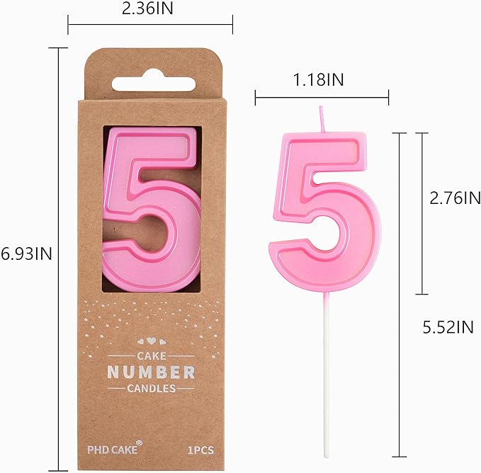 PHD CAKE 2.76 Inch Luxe Pink 5 Number Birthday Candles, Pink Number Candle, Cake Number Candles, Party Celebration