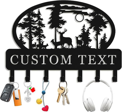 Personalized Key Holder for Wall, Decorative Key Rack with 5-12 Hooks, Rustic Deer Cabin Decor, Key Holder Wall Mounted for Bedroom, Kitchen, Entryway, Home Decor Aesthetic (06-Deer)
