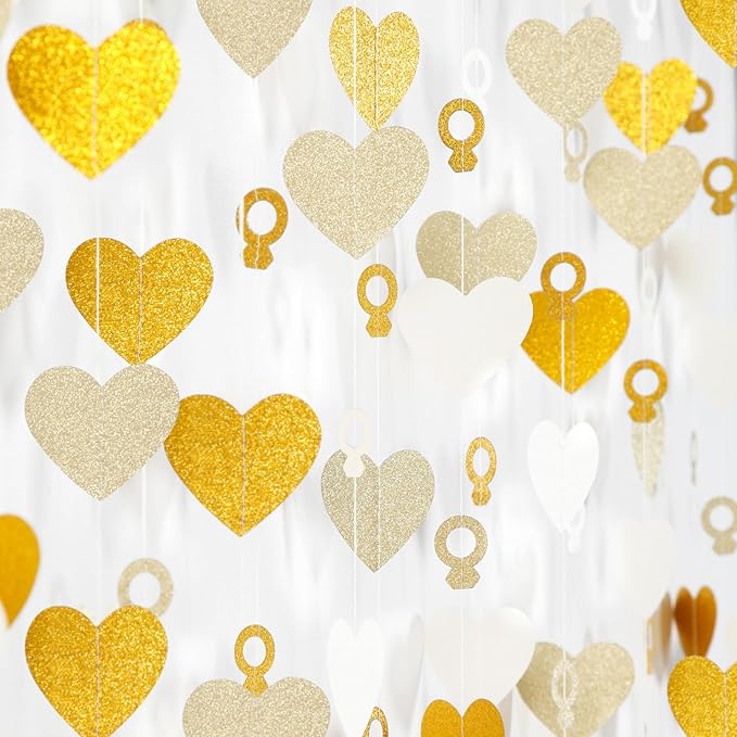 Engagement Bachelorette Party-Decorations White-Gold Garland - 52Ft Heart Ring Wedding Paper Streamers Banner, Galentines. Proposal Decor Lasting Surprise