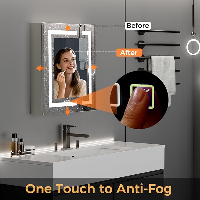 LED Bathroom Mirror 24 * 26 Stepless Dimmable Wall Mirrors with Anti-Fog, Shatter-Proof, Memory, 3 Colors, Memory Function, Water Proof, Decor Vanity Mirror