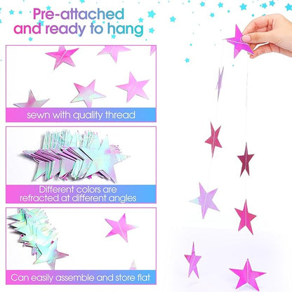 Patelai Glitter Star Garland Banner Christmas Decor 130 Feet Star Hanging Bunting Banner Twinkle Backdrop for Homecoming Classroom Wedding Birthday Halloween Party Supplies(Iridescent Purple)