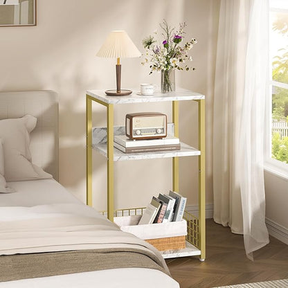 LELELINKY Large White Marble Record Player Stand with Golden Metal Frame, 3 Tier 18" Wide Big End Table with Vinyl Storage Up to 130 Albums, Industrial Turntable Printer Tables for Living Room, Office