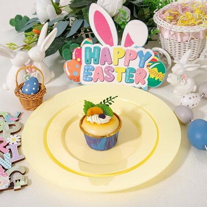 FLOWERCAT 200PCS Yellow Plastic Plates Disposable Plates for Party - Heavy Duty Plastic Plates - 100 10" Dinner Plates and 100 7" Salad Plates for Weddings, Easter Parties and Events