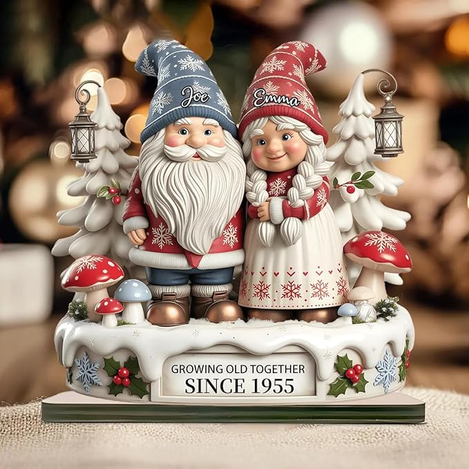 Personalized Gnome Couple Figurine, Growing Old Together Since 1955, Custom Christmas Decoration, Unique Holiday for Couple, Custom Engraved Family Ornament, for Parents and Grandparents