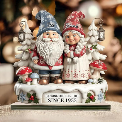 Personalized Gnome Couple Figurine, Growing Old Together Since 1955, Custom Christmas Decoration, Unique Holiday for Couple, Custom Engraved Family Ornament, for Parents and Grandparents