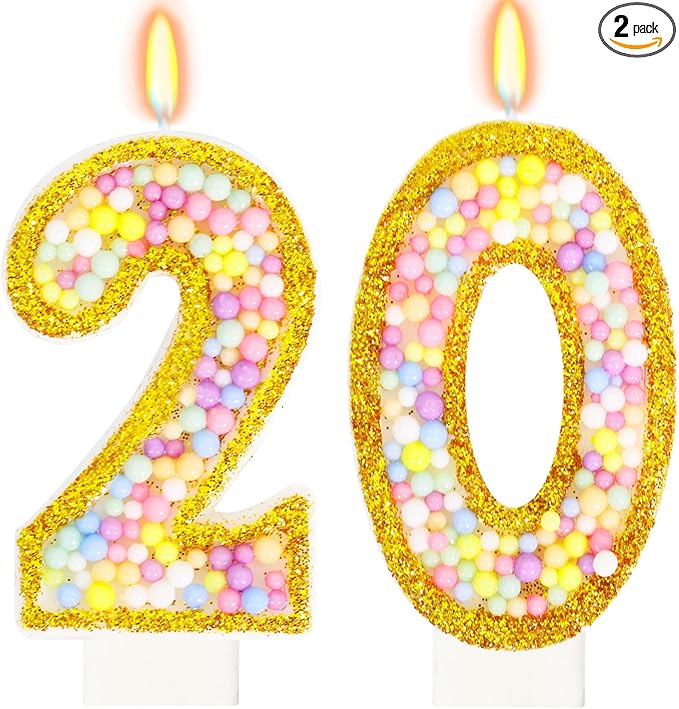 20th Birthday Candle for Cake, Colorful Macaron Numeral Candles for Women/Men, Birthday Party Cake Decorations, Golden Cake Topper for Birthday Party Supplies (Number 20)