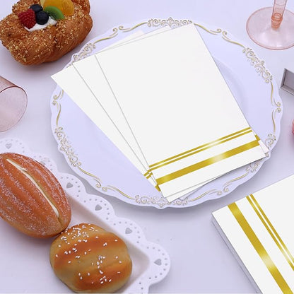 100 Pcs White and Gold Napkins - Gold Paper Napkins Disposable - Premium Quality Gold Dinner Napkins for Bathroom Kitchen Wedding Birthday Anniversary Party