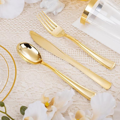 700 Pieces Gold Dinnerware Set - 100 Guests Clear Disposable Dinnerware Set for Party, Wedding, Include: 200 Clear Plates with Gold Trim, 100 Cups, 100 Napkins, 100 Plastic Silverware Sets