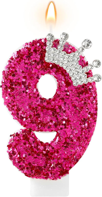 Hot Pink Birthday Candles Crown Number 9 Candle 9th Birthday Party Decorations Cake Topper Cupcake Decor for Anniversary Celebrations Supplies