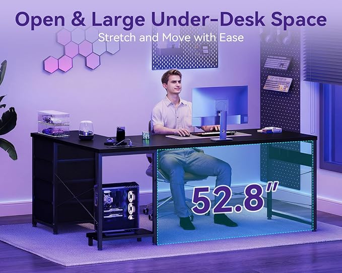 AODK L Shaped Gaming Desk with 4 Drawers, 67" Reversible Home Office Desks with Power Outlets, L Shaped Computer Desk with USB Charging Port and Host Stand, Corner Desk, Easy to Assemble, Black