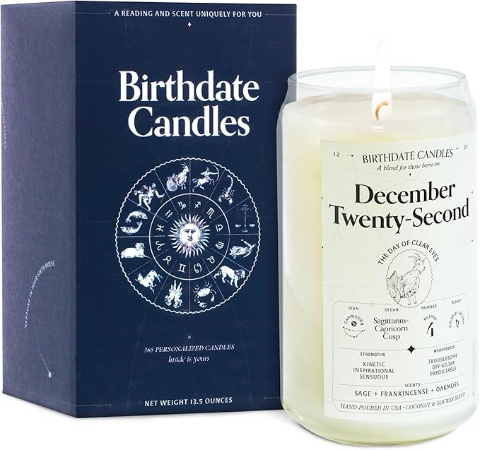 Birthdate Candles, December 22 - Capricorn Zodiac Scented Candles Birthday Gift - Sage, Frankincense & Oakmoss Scent - All-Natural Soy & Coconut Wax, 60-80 Hour Burn Time - Made in USA