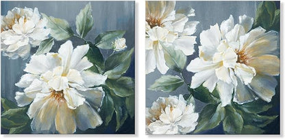 SEVEN WALL ARTS White Flower Canvas Wall Art Blooming Floral Painting Abstract Flowers Navy Blue Pictures Modern Artwork for Living Room Bedroom Bathroom 24"x24"
