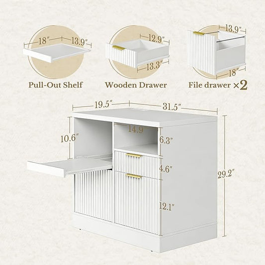 3 Drawer File Cabinet, Fluted Wood Lateral Filing Cabinet with Charging Station for Home Office, Fits for A4/Letter-Sized Files, Printer Stand with Open Storage Shelves, White