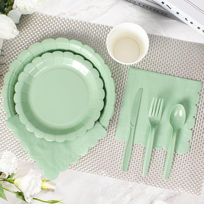 Vyntra 350 PCS Disposable Plates for Boho Party, Paper Plates & Napkins Set with Cups, Knives, Forks, Spoons, 7'' Dessert and 9'' Dinner Plates for Wedding, Baby Shower, Birthday - Sage Green