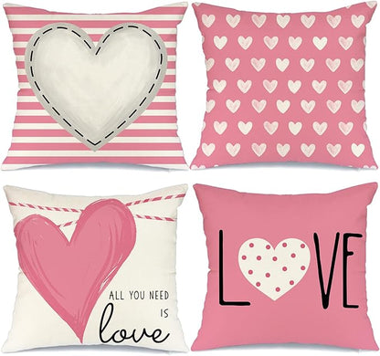 GEEORY Valentines Day Pillow Covers 16 x 16 inch Set of 4 for Valentines Decor Pink White Stripes Dots Love Heart Throw Pillows Decorative Cushion Cases Valentine Decorations G193-16