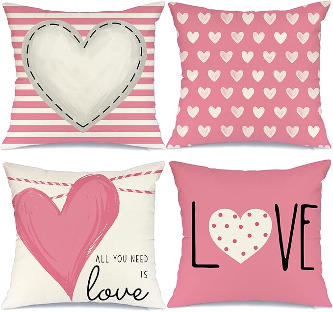 GEEORY Valentines Day Pillow Covers 20 x 20 inch Set of 4 for Valentines Decor Pink White Stripes Dots Love Heart Throw Pillows Decorative Cushion Cases Valentine Decorations G193-20
