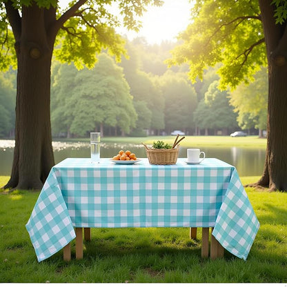 3 Packs Aqua and White Checkered Tablecloth 54x108 Inches Rectangle Gingham Tablecloth Disposable Plastic Waterproof Table Cover for Outdoor Picnic Kitchen and Birthday Party