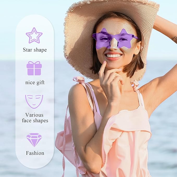 NACHLYNN 24 Pcs Pentagram Glasses Purple Rimless Star Shaped Sunglasses Transparent Sunglasses for Party Costumes Cosplay