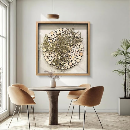 BrightA 3D Textured Wood Block Wall Art - Hand-Assembled Timber Base with Golden Vine Metal Accents, Tempered Glass & Solid Wood Frame Contemporary Decorfor Living Room Office 31.5"x31.5"