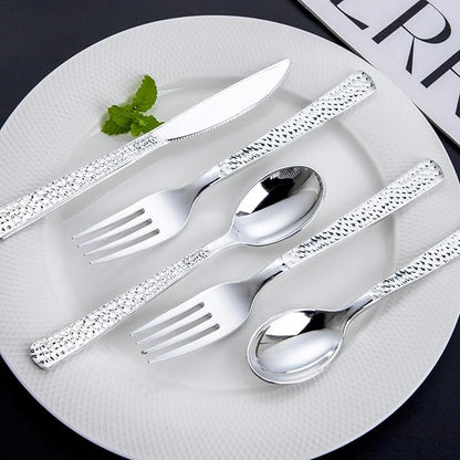 Nervure 300PCS Silver Plastic Silverware - Disposable Silver Cutlery - Hammered Plastic Utensils Include 100 Forks, 100 Knives, 100 Spoons Perfect for Dinner, Party & Wedding