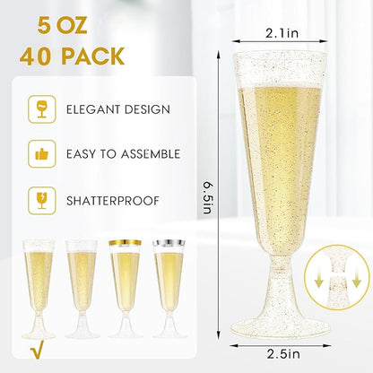 SUREHOME Champagne Flutes Plastic 40 Pcs Gold Glitter Champagne Glasses Disposable Mimosa Glasses Sparkle Clear Acrylic Wedding Toasting Cocktail Cups Bulk for Bridal Shower Birthday Party Supplies