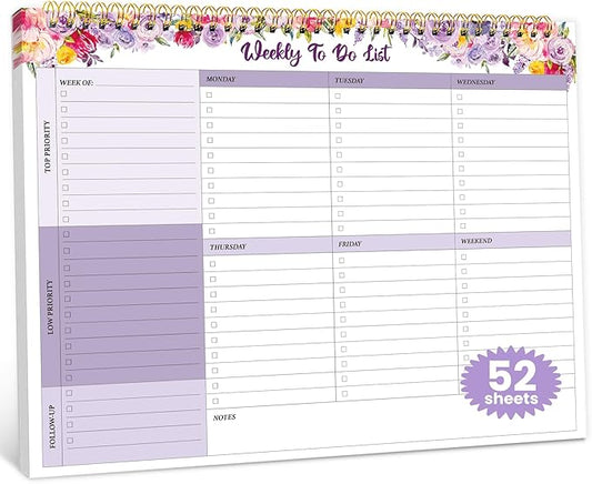 Weekly To Do List Notepad with 52 Undated Sheets（8.5"×11"）- Undated Weekly Planner Notepad for Office Desk Accessories and Supplies - Lavender Charm