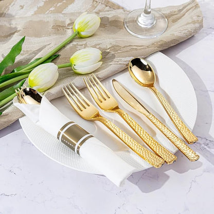 WELLIFE 400PCS Gold Plastic Silverware, Pre Rolled Silverware Set Disposable,Plastic Cutlery Includes: 100 Forks, 100 Knives, 100 Spoons, 100 Napkins, Cutlery Set Disposable for Christmas