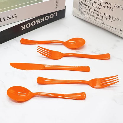150 Pack Orange Plastic Silverware, Orange Plastic Cutlery Disposable Includes 50 Forks, 50 Spoons, 50 Knives for Birthday, Fall Party, Halloween, Thanksgiving