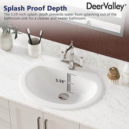 DeerValley Oval Drop-In Bathroom Sink 20x17 Inch, White Ceramic Vessel Basin with Overflow and Single Faucet Hole for Vanity Installation