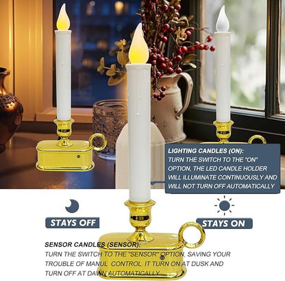 Set of 4 Battery Operated LED Window Candles with Dusk to Dawn Sensor, Flicker Flame Christmas Candles with Gold Base, 10 Inch Flameless Taper Candle Lights for Table Window Bedroom Christmas Decor