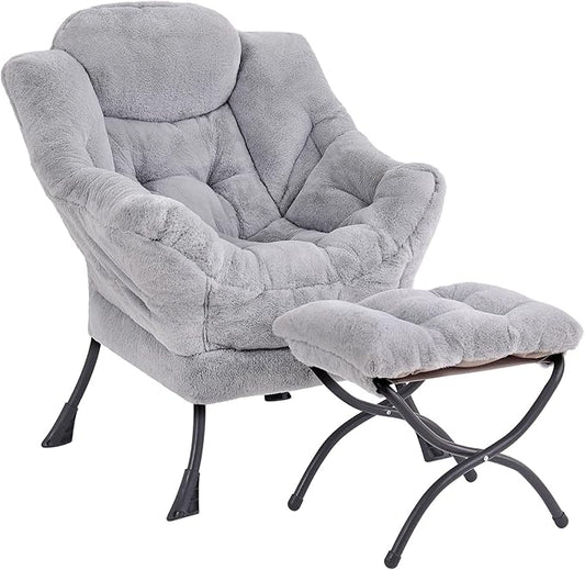 LITA Lazy Chair with Ottoman, Modern Accent Leisure Upholstered Sofa Chair, Contemporary Lounge Reading Chairs with Armrests and a Side Pocket for Living Room, Bedroom & Small Space, Plush Grey