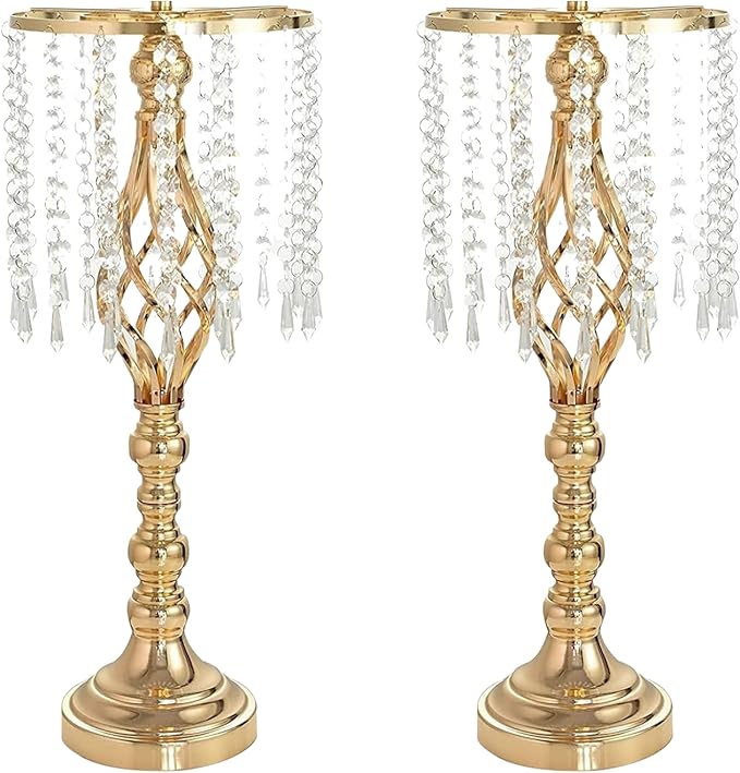 2 Pcs 21.7 Inch Gold Crystal Flower Stand Wedding Centerpieces for Table, Tall Metal Flower Arrangement Stand with Metal Chandelier Tabletop for Event, Birthday, Home Decor
